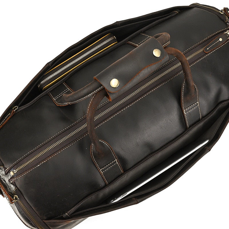 Leather folding suit and garment travel bag zips into duffel bag with shoe pocket and shoulder strap