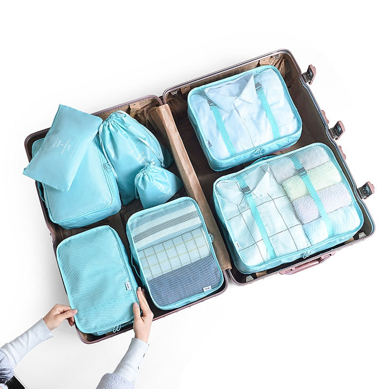 6 and 8 Piece travel organizer storage bags including packing cubes and laundry bag, 8 piece includes shoe bag and toiletry bag