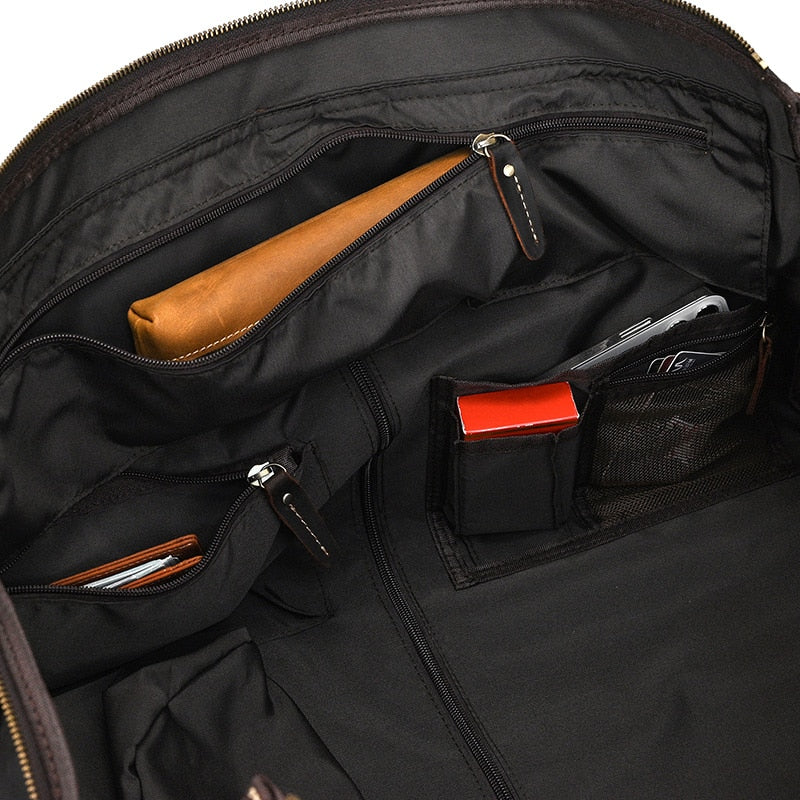 Leather folding suit and garment travel bag zips into duffel bag with shoe pocket and shoulder strap