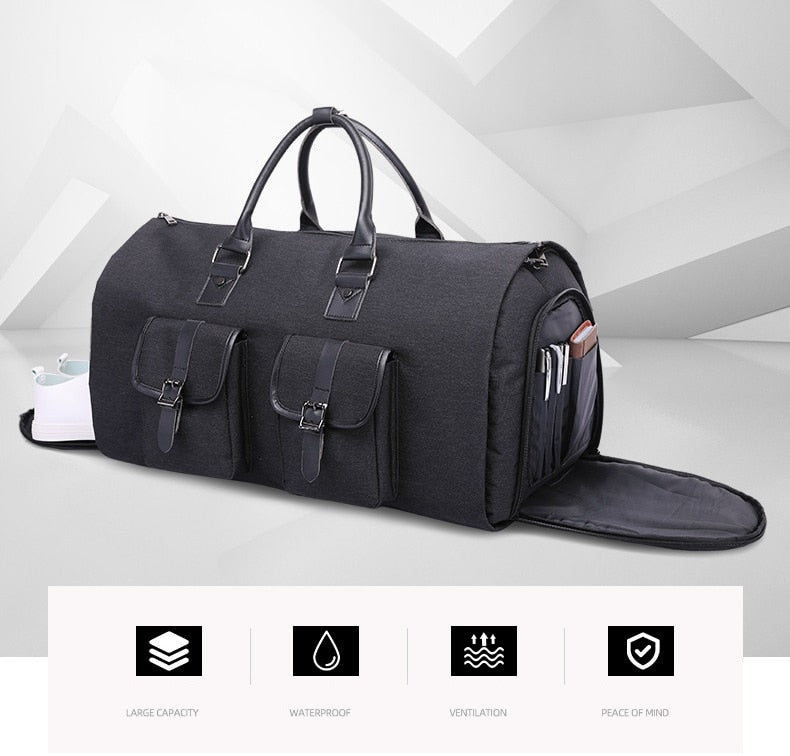 2 in 1 Travel Luggage Bag Black - Multi functional suit and garment bag zips into duffel with shoulder strap and shoe pocket