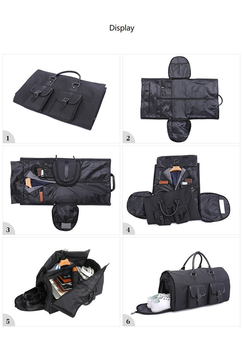 2 in 1 Travel Luggage Bag Black - Multi functional suit and garment bag zips into duffel with shoulder strap and shoe pocket