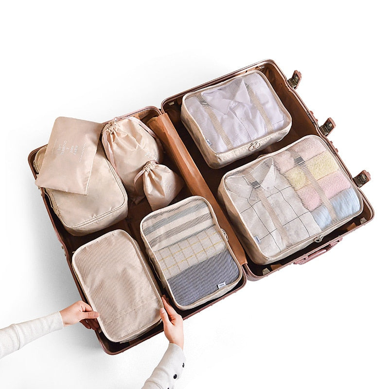 6 and 8 Piece travel organizer storage bags including packing cubes and laundry bag, 8 piece includes shoe bag and toiletry bag