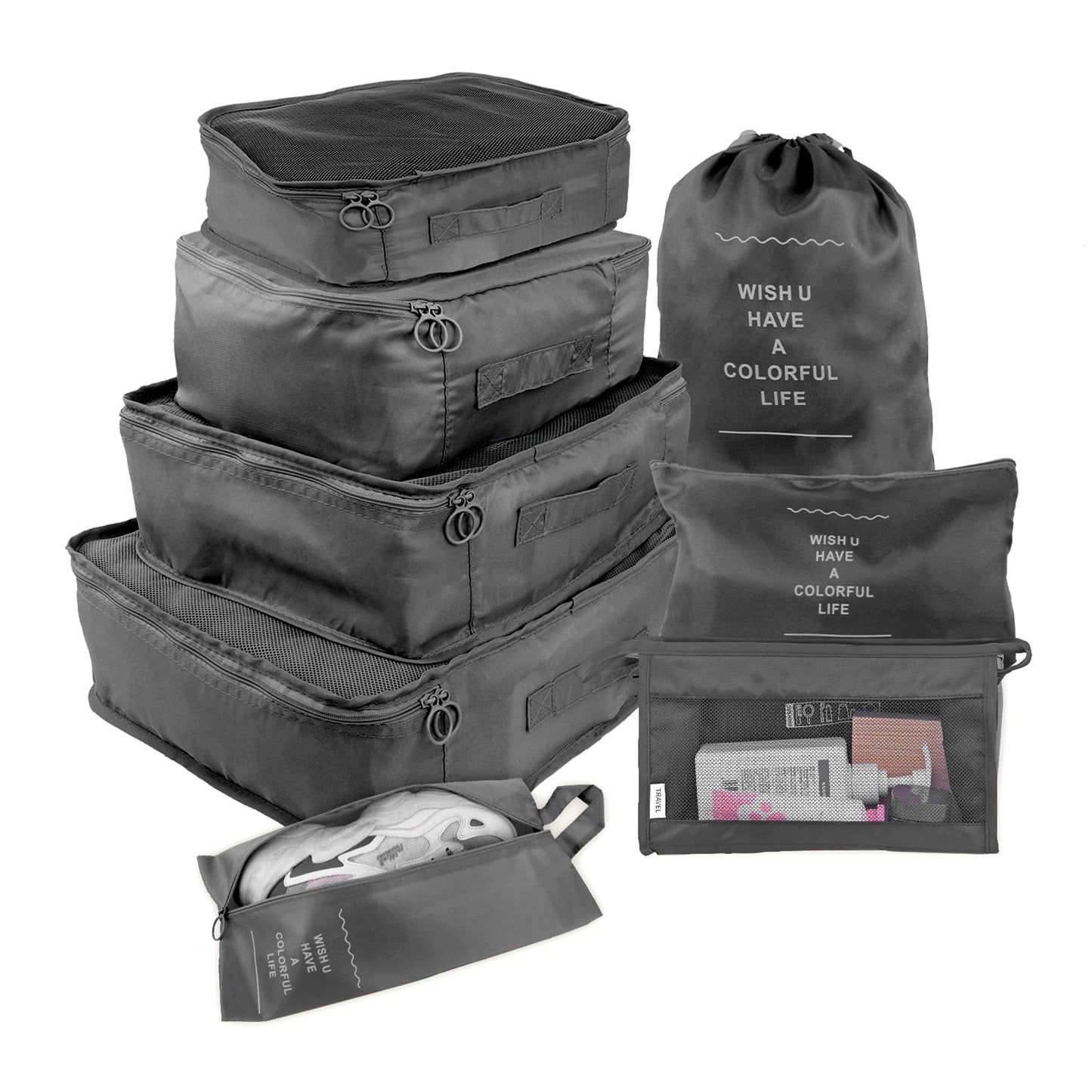 6 and 8 Piece travel organizer storage bags including packing cubes and laundry bag, 8 piece includes shoe bag and toiletry bag