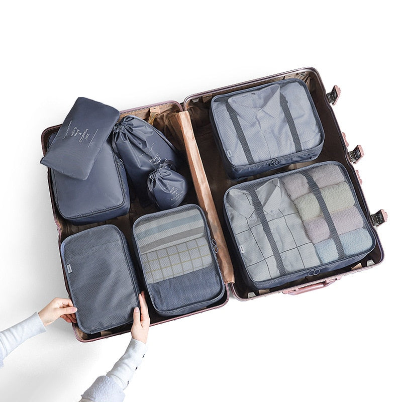 6 and 8 Piece travel organizer storage bags including packing cubes and laundry bag, 8 piece includes shoe bag and toiletry bag