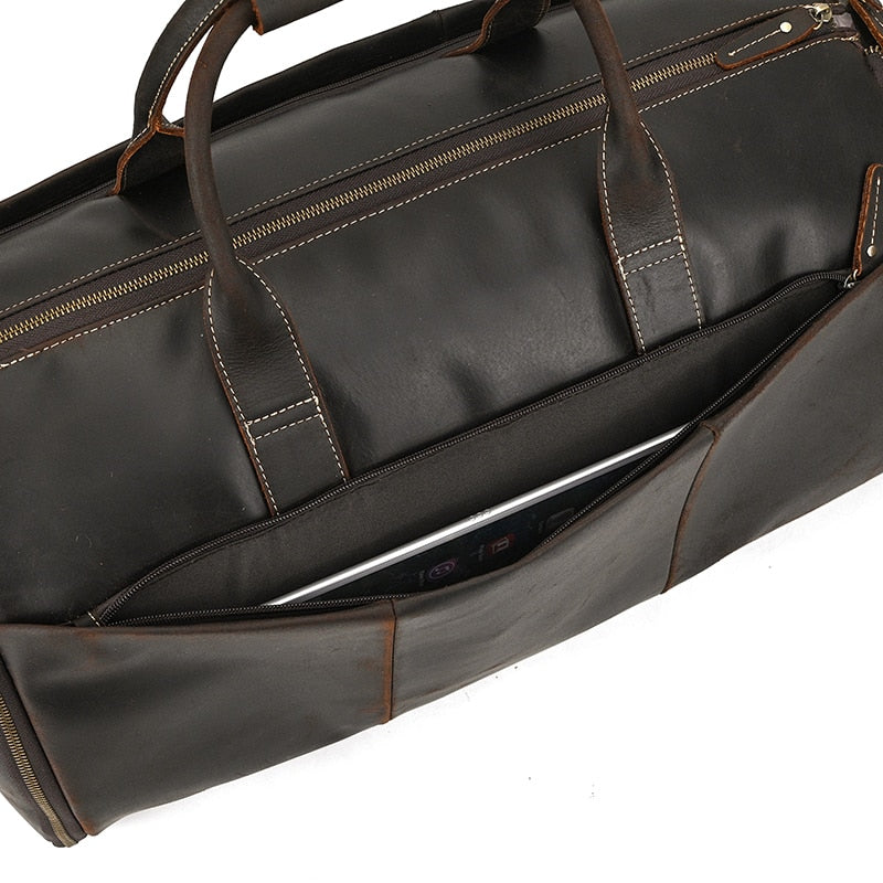 Leather folding suit and garment travel bag zips into duffel bag with shoe pocket and shoulder strap