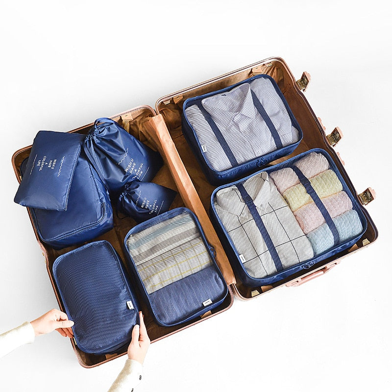 6 and 8 Piece travel organizer storage bags including packing cubes and laundry bag, 8 piece includes shoe bag and toiletry bag