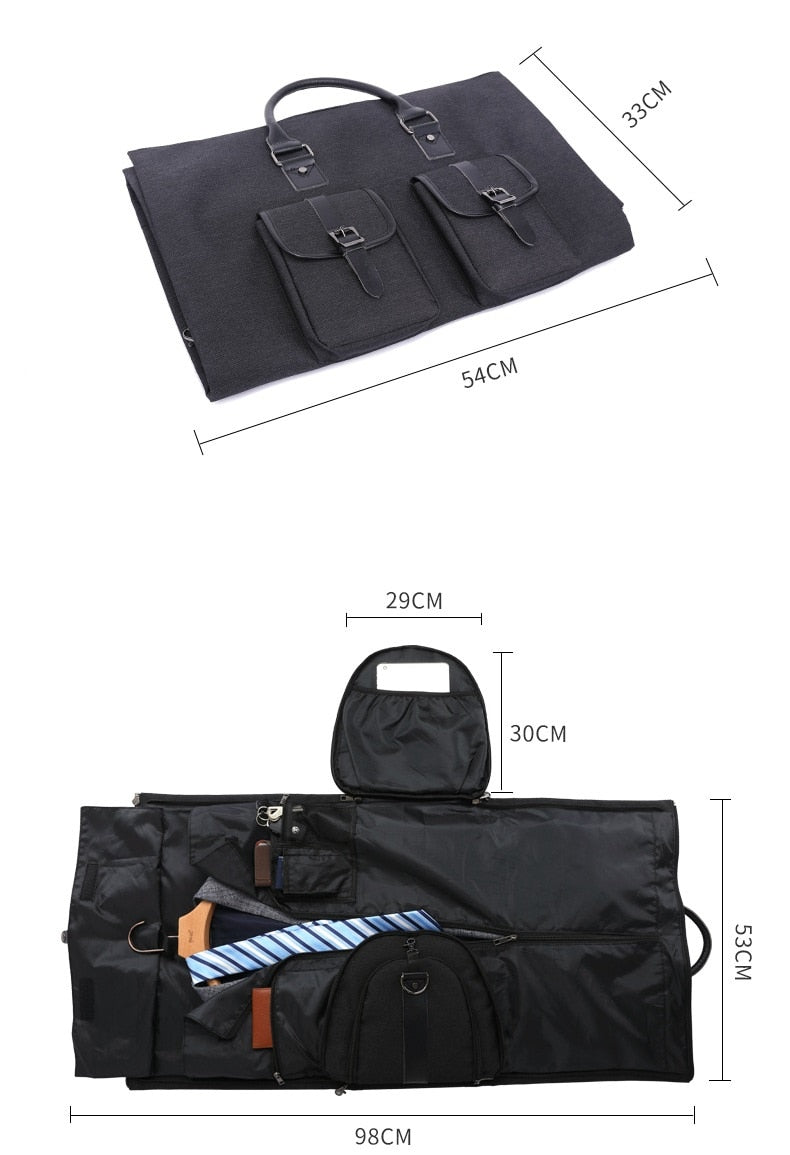 2 in 1 Travel Luggage Bag Black - Multi functional suit and garment bag zips into duffel with shoulder strap and shoe pocket