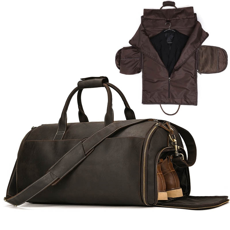 Leather folding suit and garment travel bag zips into duffel bag with shoe pocket and shoulder strap