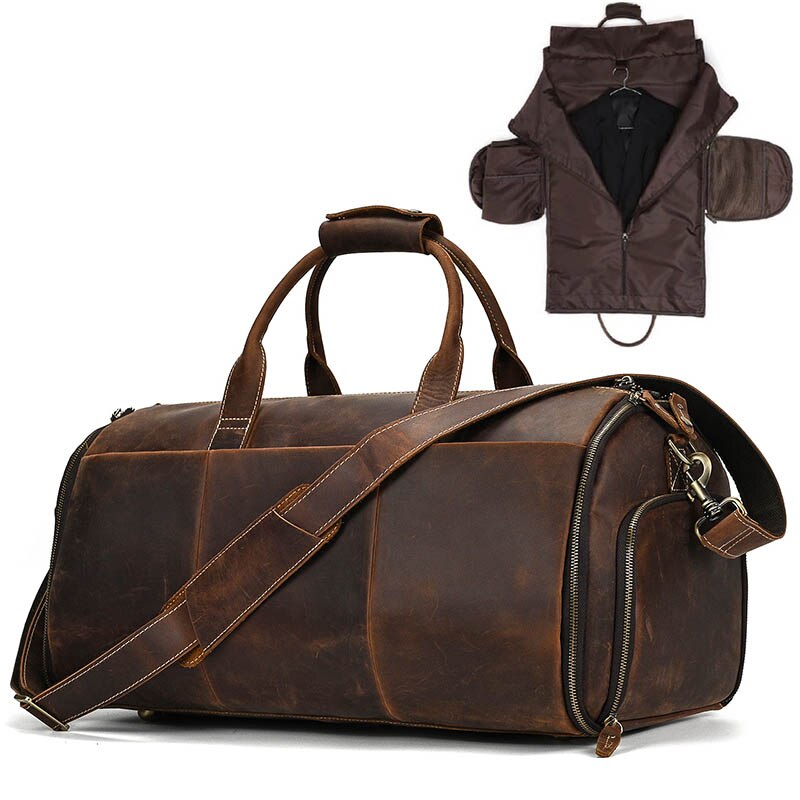 Leather folding suit and garment travel bag zips into duffel bag with shoe pocket and shoulder strap