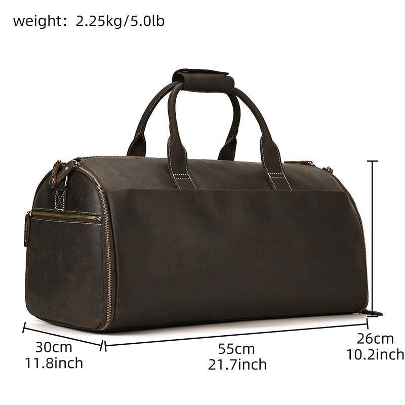 Leather folding suit and garment travel bag zips into duffel bag with shoe pocket and shoulder strap