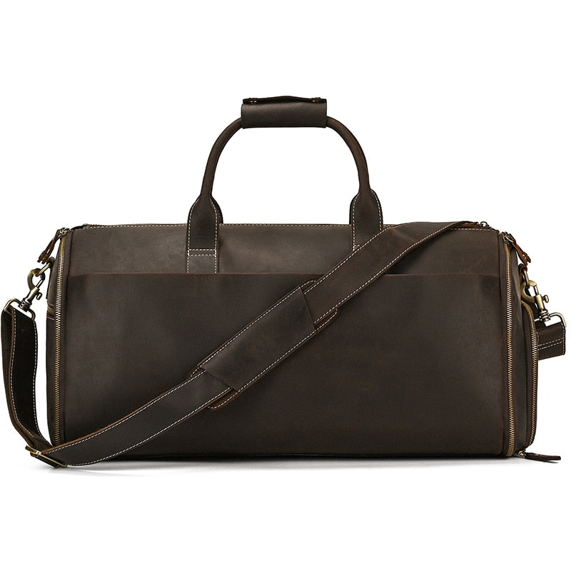 Leather folding suit and garment travel bag zips into duffel bag with shoe pocket and shoulder strap