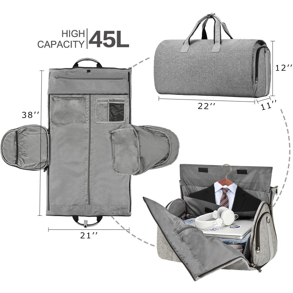 2 in 1 Travel Luggage Bag - Multi functional suit and garment bag zips into duffel with shoulder strap