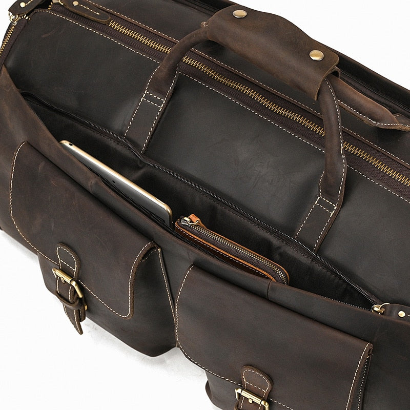 Leather folding suit and garment travel bag zips into duffel bag with shoe pocket and shoulder strap