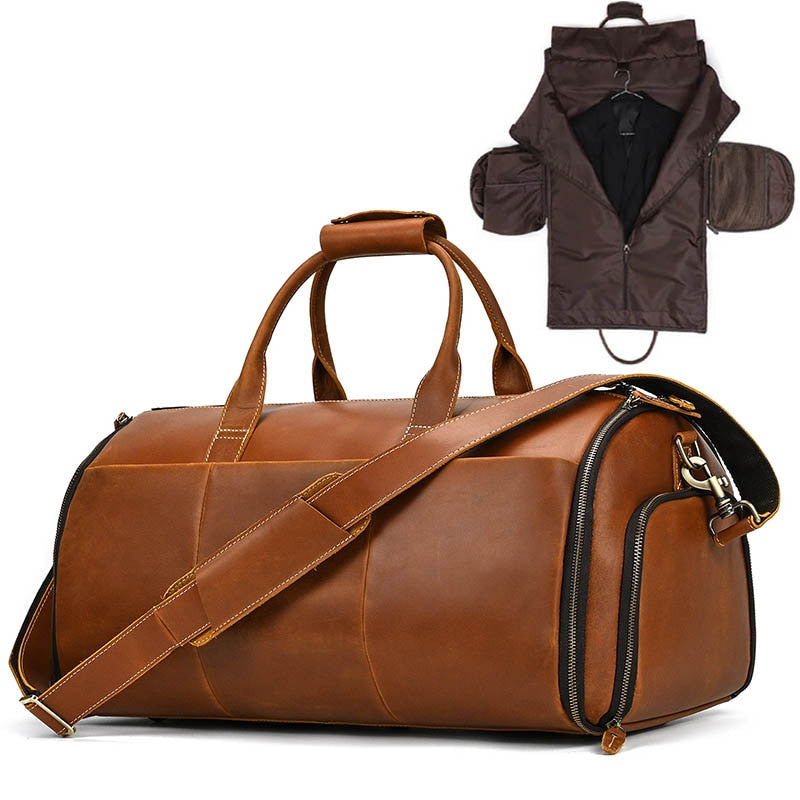 Leather folding suit and garment travel bag zips into duffel bag with shoe pocket and shoulder strap