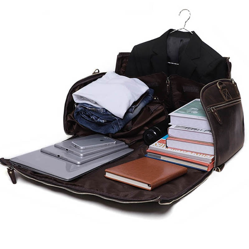 Leather folding suit and garment travel bag zips into duffel bag with shoe pocket and shoulder strap