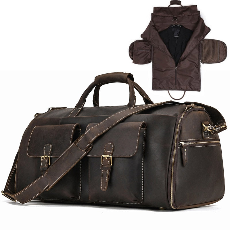 Leather folding suit and garment travel bag zips into duffel bag with shoe pocket and shoulder strap