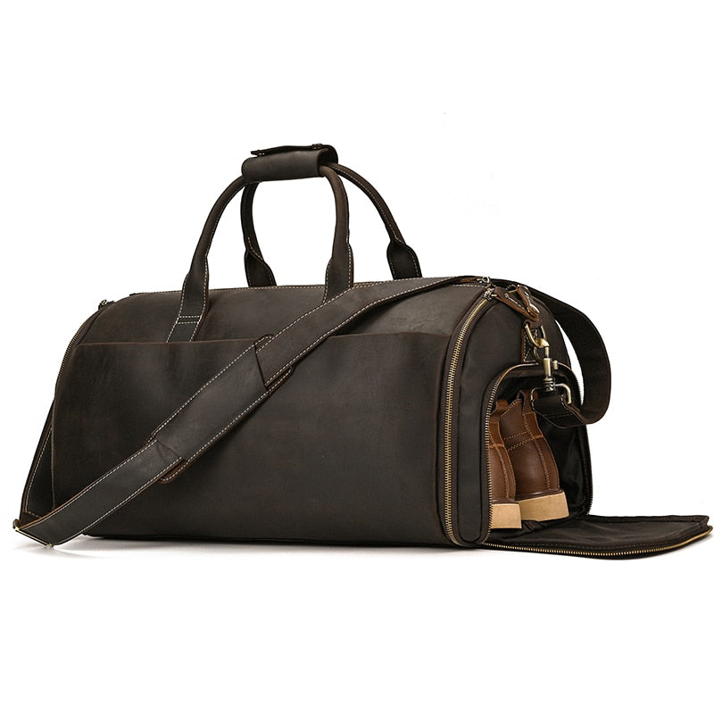 Leather folding suit and garment travel bag zips into duffel bag with shoe pocket and shoulder strap