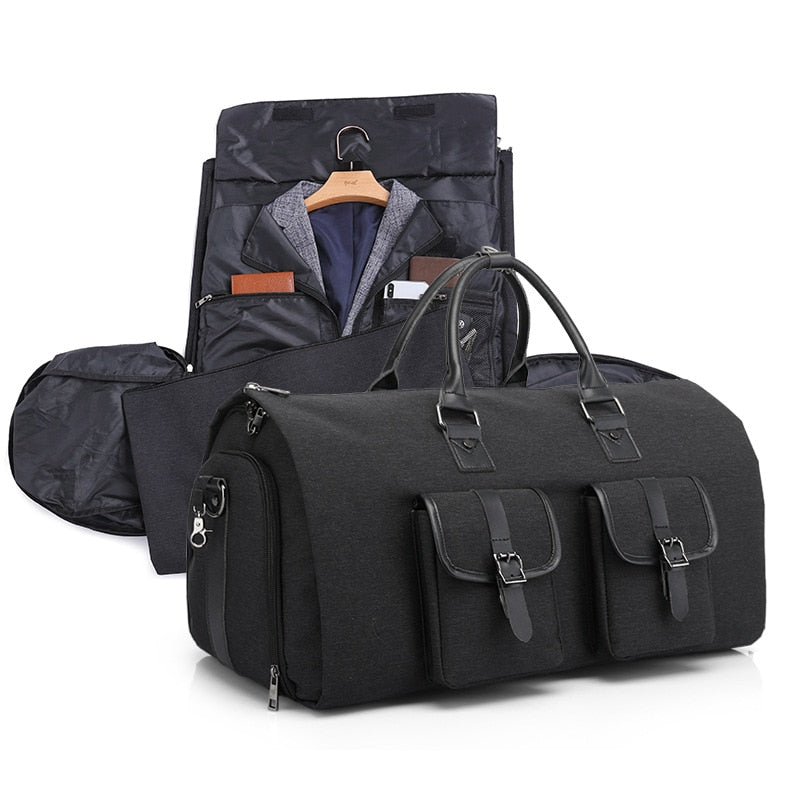 2 in 1 Travel Luggage Bag Black - Multi functional suit and garment bag zips into duffel with shoulder strap and shoe pocket